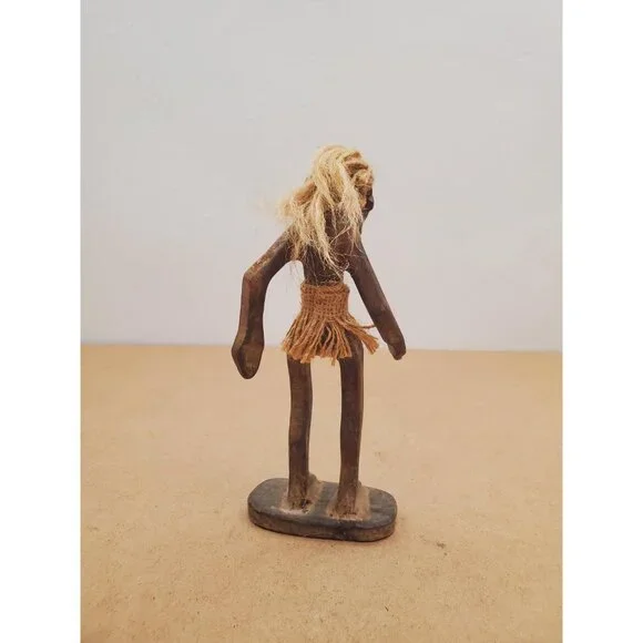 Vintage Hawaiian Carved Wood Tiki Kahuna Tribal , Hemp Rope Hair and Grass Skirt - Picture 7 of 16